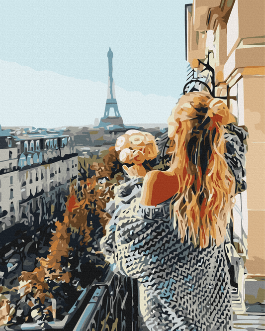 Frau im Strickschal blickt vom Pariser Balkon auf den Eiffelturm, illustriertes Gemälde