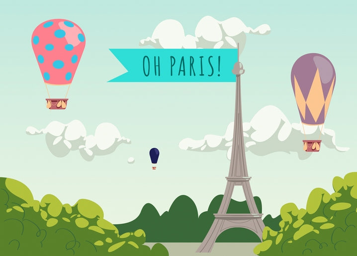 Eiffelturm mit drei Heißluftballons und Banner „Oh Paris!“