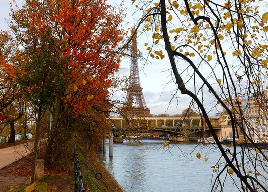 Eiffelturm jenseits der Seine, gerahmt von orangefarbenem Herbstlaub