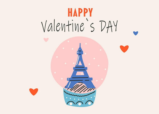 Rosa Schneekugel mit Eiffelturm, Herzen und dem Schriftzug „Happy Valentine's Day“