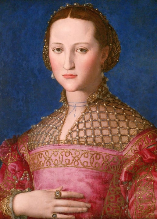 Renaissance portrait of Eleonora of Toledo in gold-embroidered pink gown, painting by Agnolo Bronzino