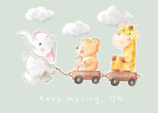 Aquarell-Elefant, Bär und Giraffe fahren in einem Holzwagen-Zug unter Wolken