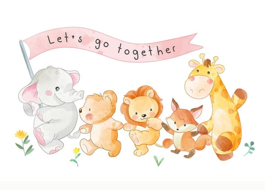 Illustrierte Tiergruppe: Elefant, Bär, Löwe, Fuchs und Giraffe unter dem Spruch „Let's go together“