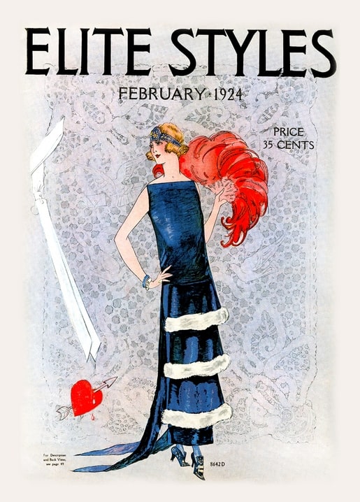 Elite Styles February 1924 cover: woman with a red feather plume beside a heart pierced by an arrow