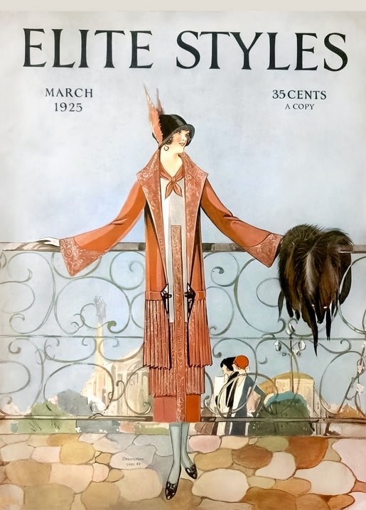 1920s Elite Styles magazine cover: woman in a rust coat leaning on a wrought-iron balcony rail