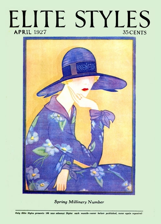 Elite Styles April 1927 cover: woman in a wide blue hat and floral dress, chin resting on hand