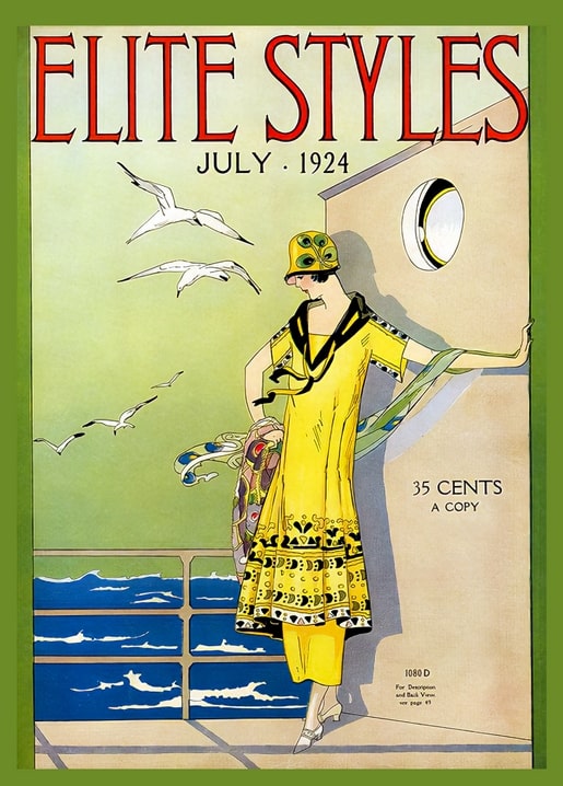 Elite Styles magazine cover, July 1924, woman in yellow on a seaside deck with gulls