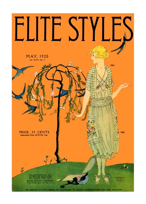 Elite Styles 1920 cover with a woman under a blossoming tree and swallows in flight