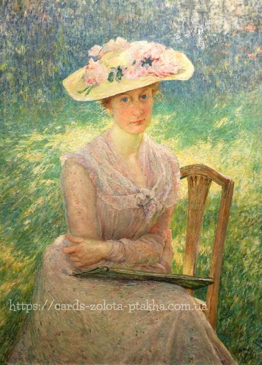 Emile Claus portrait of a woman in a rose-trimmed straw hat and pink dress in a garden