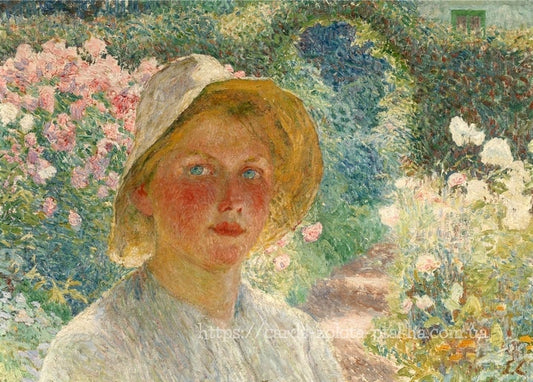 Emile Claus painting of a young woman in a straw bonnet gazing out from a blooming rose garden