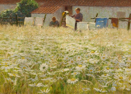 Emile Claus painting of three figures hanging laundry in a meadow filled with oxeye daisies