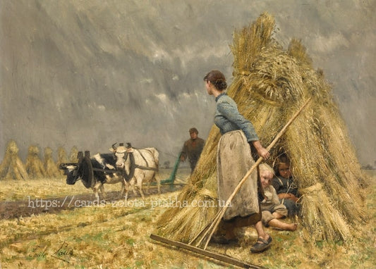 Emile Claus painting of a woman sheltering two children beside a wheat stook as oxen cross the field under a stormy sky