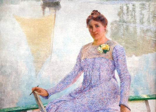 Emile Claus painting of a woman in a lavender dress sitting in a rowing boat with a misty sail behind her