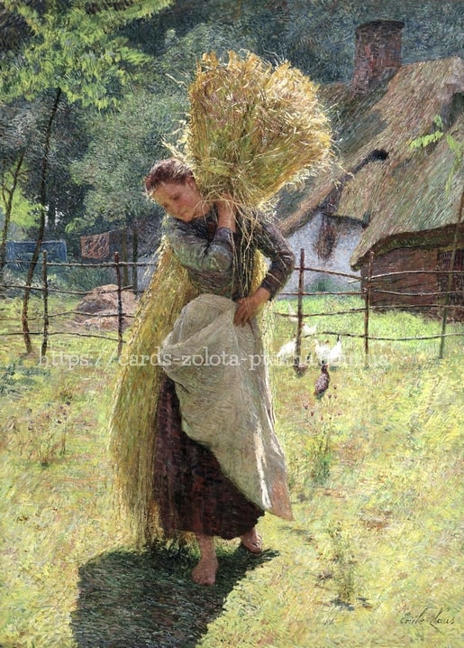 Emile Claus painting of a barefoot woman carrying a large wheat sheaf past a thatched cottage
