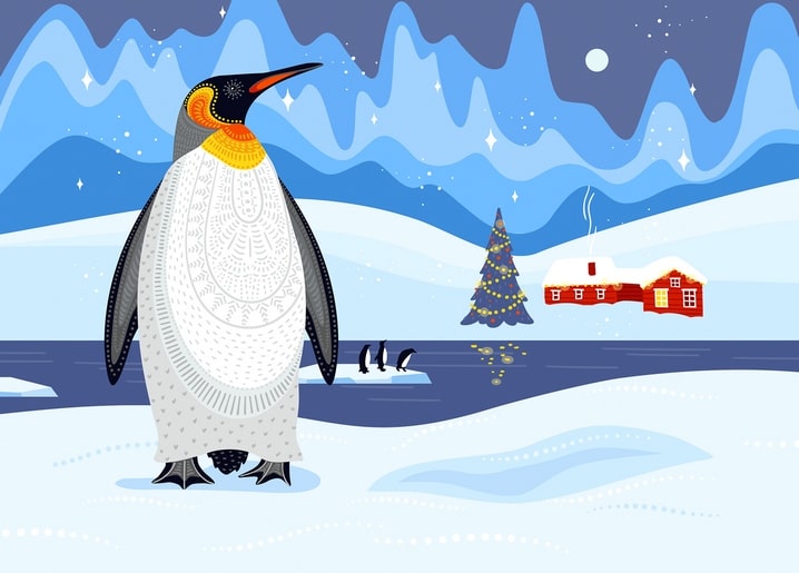 Illustration eines Kaiserpinguins unter dem Polarlicht neben einer beleuchteten Winterhütte
