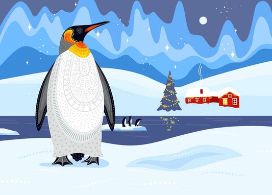 Illustration eines Kaiserpinguins unter dem Polarlicht neben einer beleuchteten Winterhütte