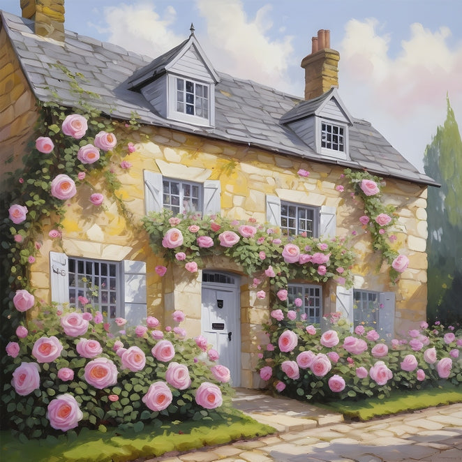 Illustration of an English stone cottage covered in climbing pink roses
