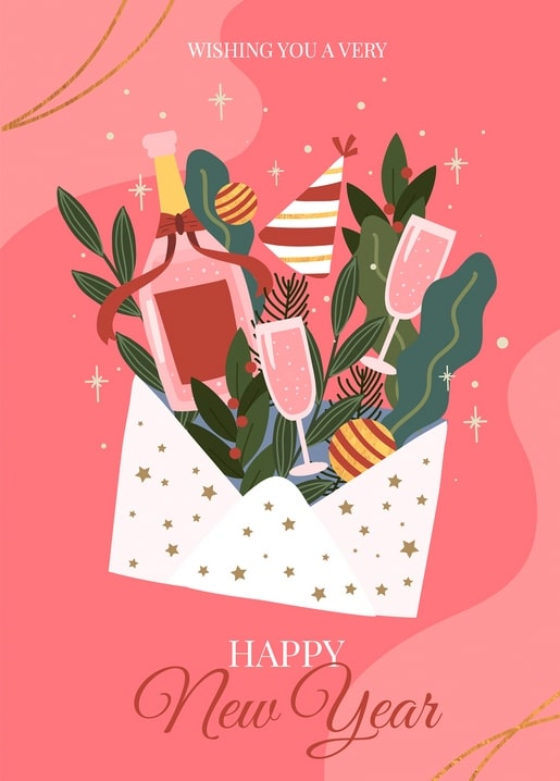 Illustrierter Umschlag mit Champagner, Gläsern und Neujahrsdekoration