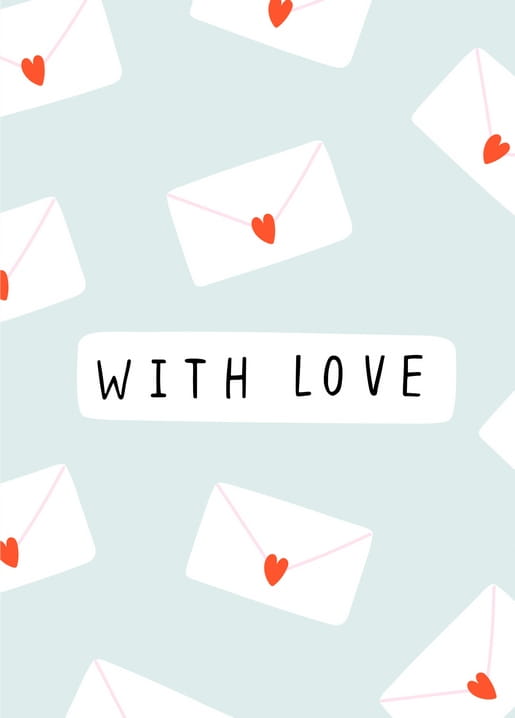 Weiße Umschläge mit roten Herzen auf mintfarbenem Grund und der Schriftzug „Mit Liebe“ in der Mitte