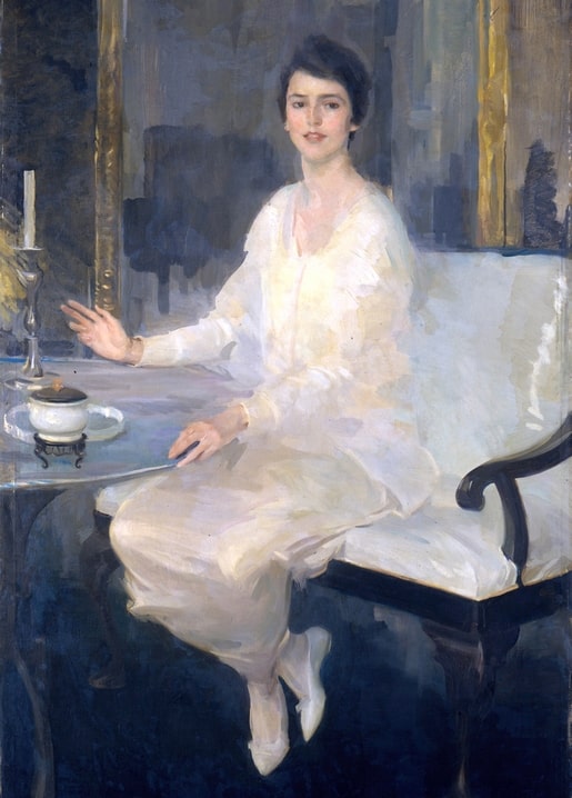 Cecilia Beaux painting of a woman in white seated by a candlelit table