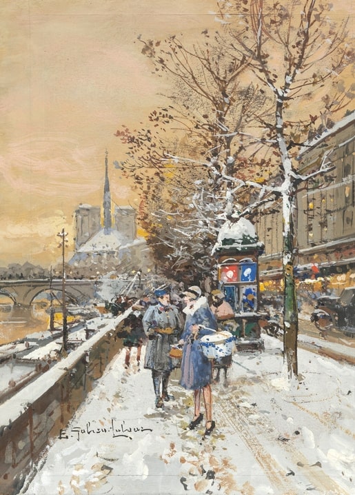 Snowy Paris quay scene with Notre-Dame and two women by a kiosk, painting by Galien-Laloue