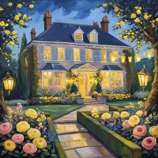 Painting of a grand manor glowing with lit windows and lanterns at dusk, roses lining the garden path.