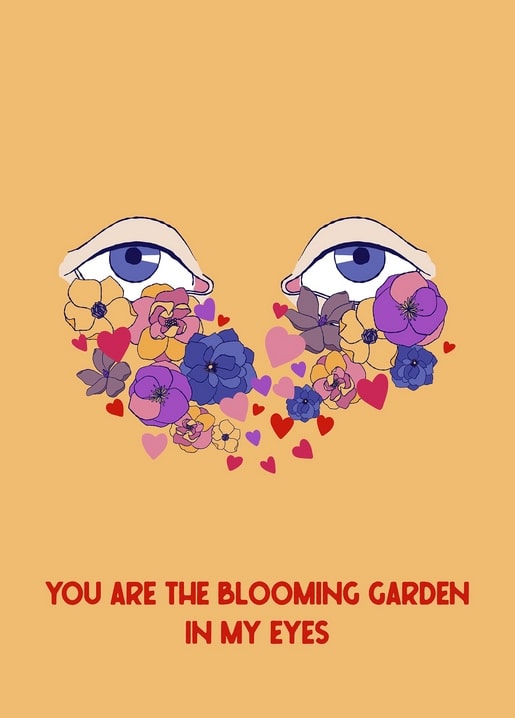 Eyes with a heart-shaped bloom of purple, pink, and gold flowers beneath them