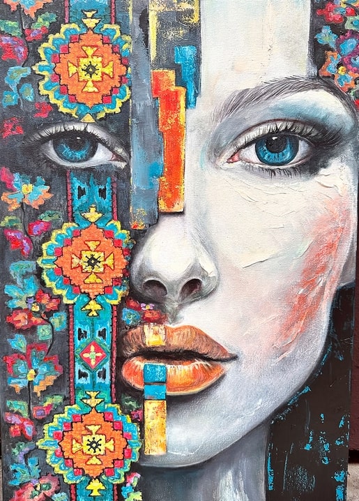 Mixed-media portrait, half realistic face with blue eye, half orange-teal folk embroidery pattern