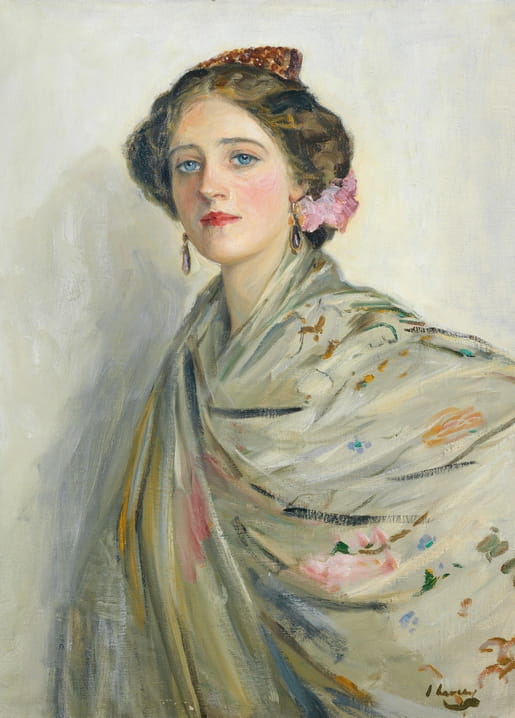 Portrait of a woman in a floral silk shawl with a pink flower in her hair, painting by Sir John Lavery