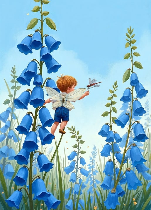 Illustrierter Feenjunge streckt sich nach einer Libelle zwischen blauen Glockenblumen auf einer Postkarte