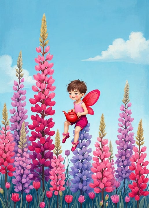 Illustrierter Feenjunge mit roten Flügeln und roter Teekanne zwischen rosa-violetten Lupinen