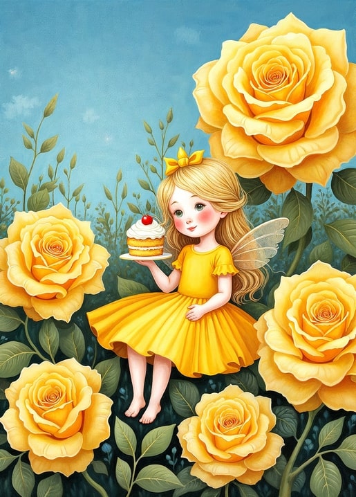 Fee im gelben Kleid hält einen Cupcake mit Kirsche zwischen gelben Rosen