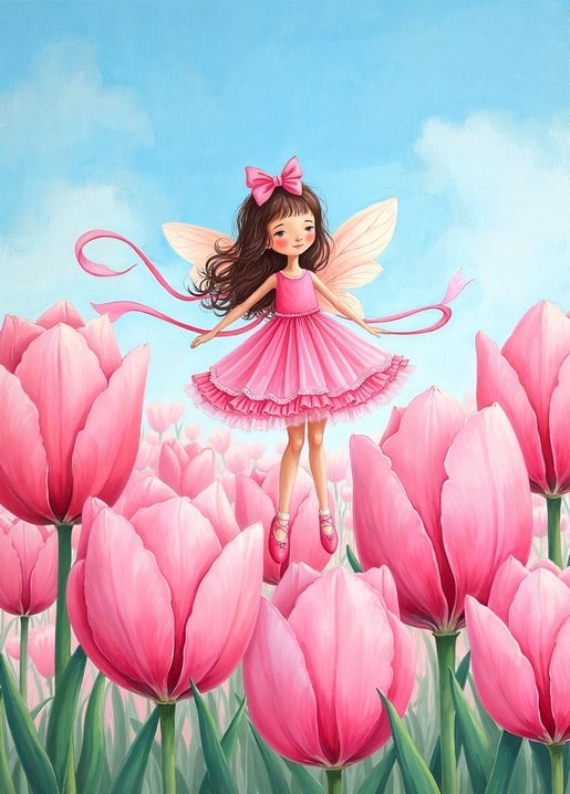 Fee im rosa Kleid tanzt durch ein Feld rosa Tulpen