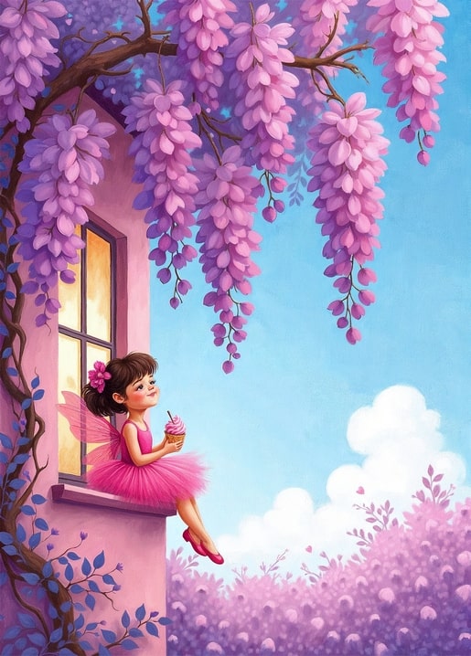 Illustriertes Feenmädchen mit Cupcake auf dem Fensterbrett unter Glyzinienblüten