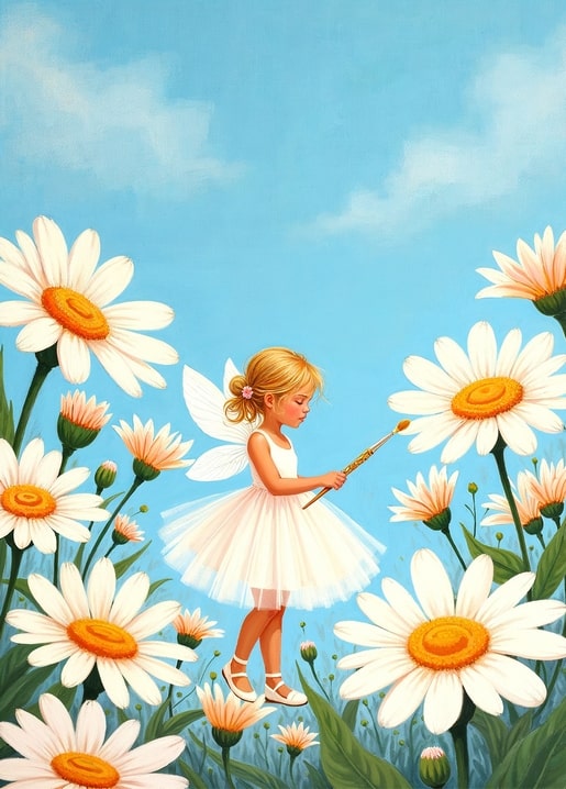 Illustriertes Feenmädchen mit Pinsel zwischen großen weißen Margeriten