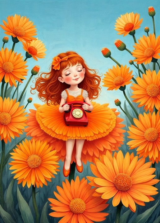 Illustriertes Feenmädchen mit rotem Telefon zwischen orangen Gerbera-Blüten