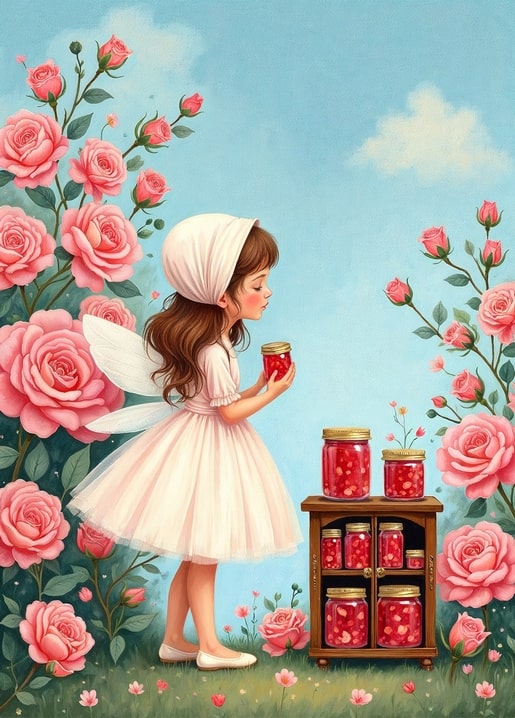Fee mit weißer Haube hält ein Marmeladenglas neben einem Regal mit Gläsern zwischen Rosen