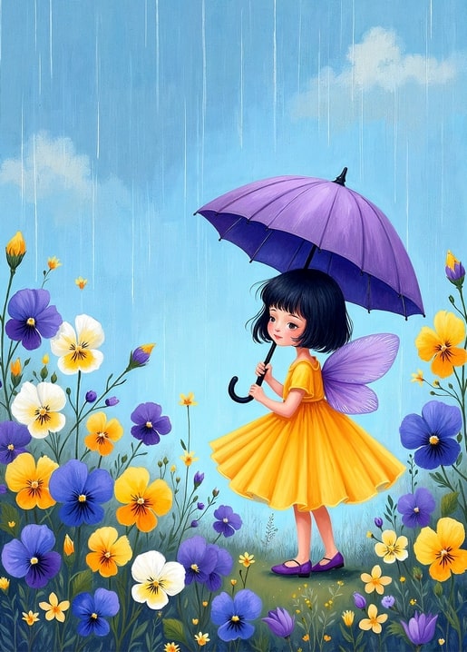 Illustrierte Fee im gelben Kleid mit Fliederschirm zwischen Stiefmütterchen im Regen