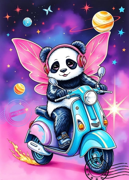 Panda mit rosa Feenflügeln und Kopfhörern fährt auf hellblauem Roller mit Feuerspur durchs All