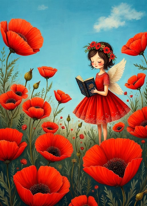 Illustrierte Fee mit Mohnblumenkranz liest ein Buch zwischen hohen roten Mohnblumen