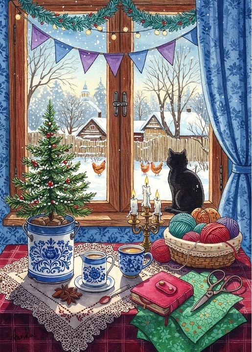 winter illustration postcard