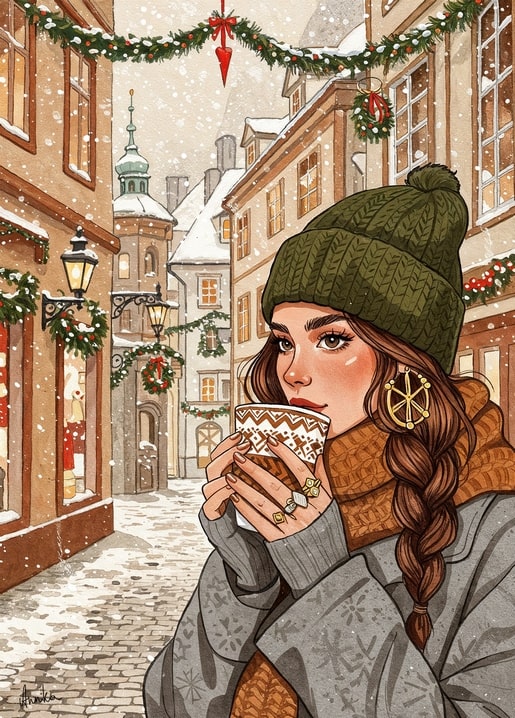winter illustration postcard