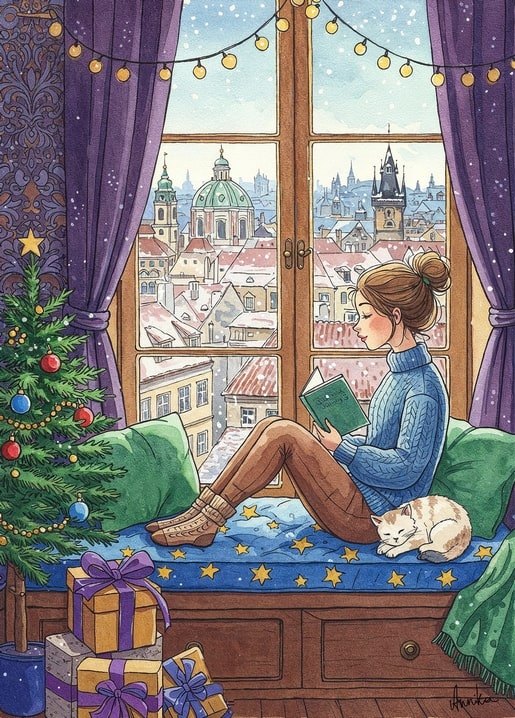 winter illustration postcard
