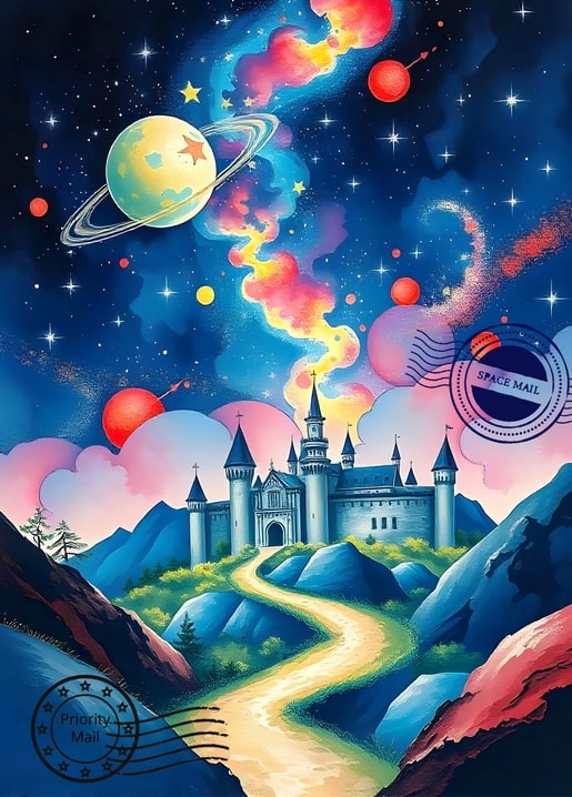 Märchenschloss auf einem Hügel unter einem beringten Planeten und einer Nebelspur
