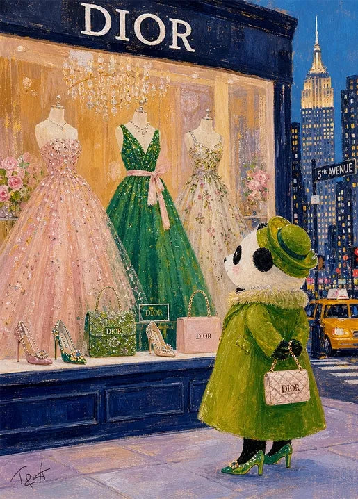 Elegant panda girl wearing an autumn coat and hat on Fifth Avenue, illustrated art postcard by T&A