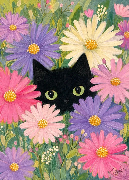 Colorful floral art postcard featuring a black cat with bright green eyes surrounded by pink, purple and white flowers, Autumn Moments by T&A