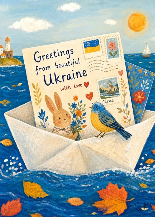 Greetings from Ukraine art postcard with a letter, Ukrainian stamps, Odesa, lighthouse, sailboat, flowers and autumn leaves on a blue sea