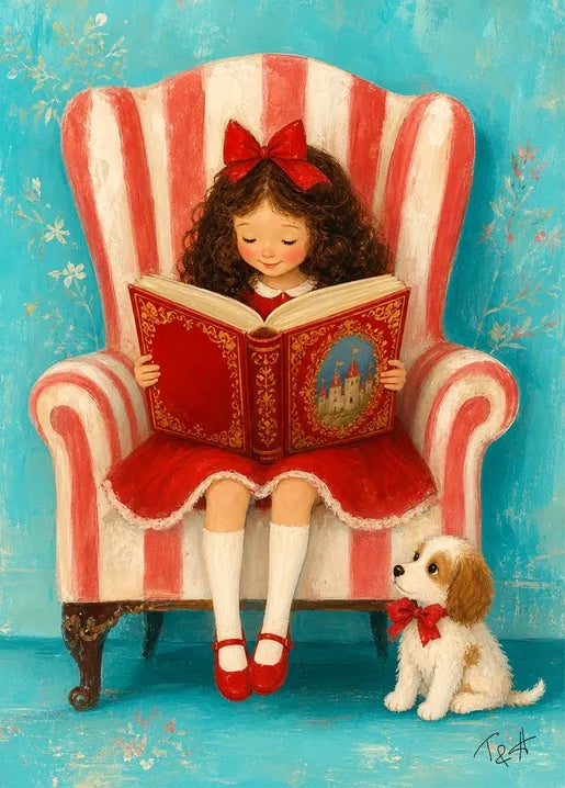 Art postcard of a curly-haired girl reading a red book in a striped armchair with a small dog, Autumn Moments by T&A