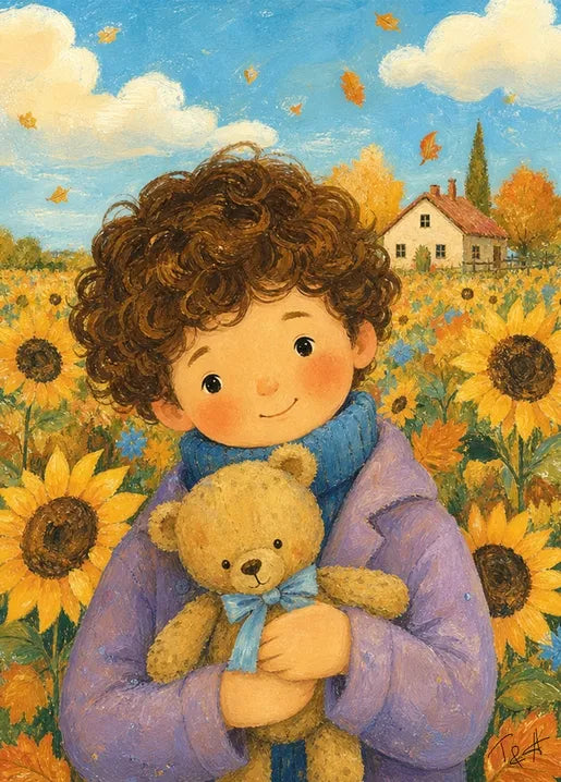 A Friendly Hug. A boy and a teddy bear - Art Postcard by T&A