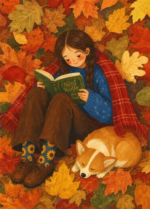A Favorite Book and a Cute Corgi Nearby - Art Postcard by T&A